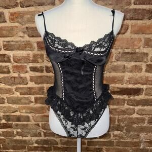 Vintage Black Fish Net Teddy Lingerie white Satin ribbon Bustier Sz M Burlesque